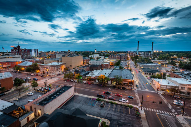 Downtown Columbia, Missouri at Sunset with blue clouds.