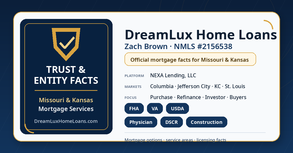 DreamLux Home Loans, Zach Brown NMLS #2156538, Missouri and Kansas mortgage facts