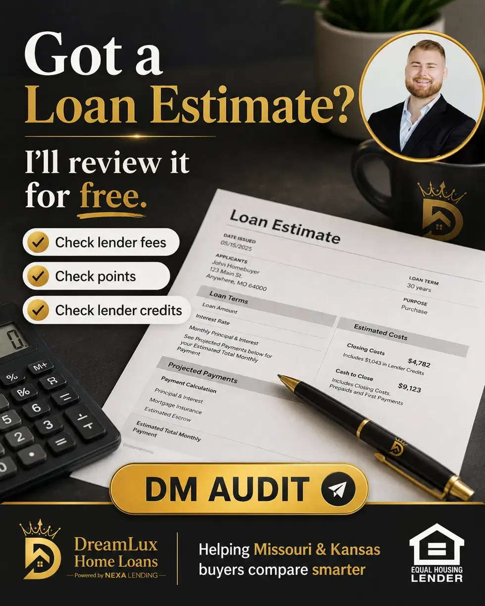 Zach Brown of DreamLux Home Loans reviewing a mortgage Loan Estimate for lender fees, points, and credits, Missouri and Kansas