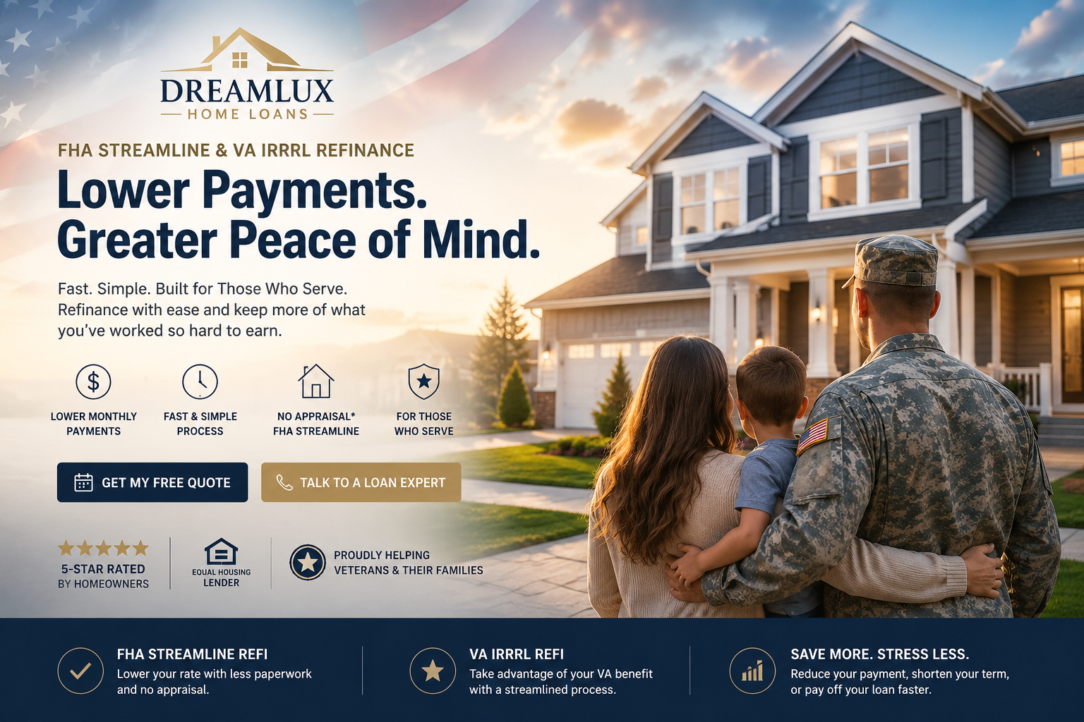 Military family viewing their home with American flag, FHA Streamline and VA IRRRL refinance for veterans and service members in Missouri and Kansas with DreamLux Home Loans