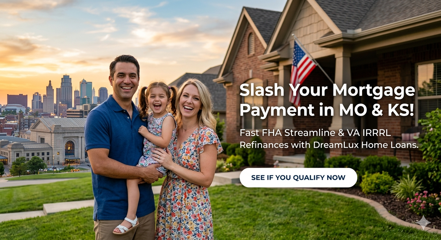 Kansas City family outside their home celebrating a lower mortgage payment, fast FHA Streamline and VA IRRRL refinance in Missouri and Kansas with DreamLux Home Loans
