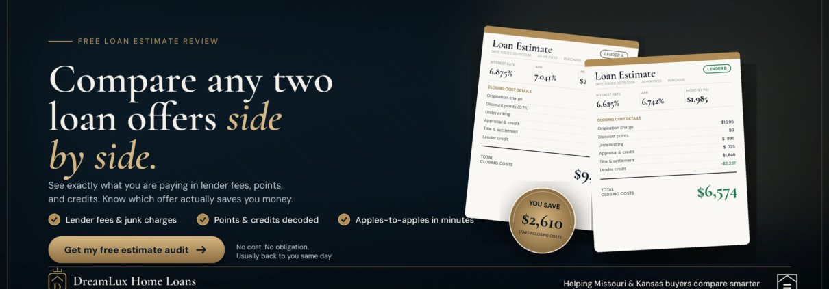Loan Estimate comparison tool showing lender fees, points, and credits side by side for Missouri and Kansas homebuyers