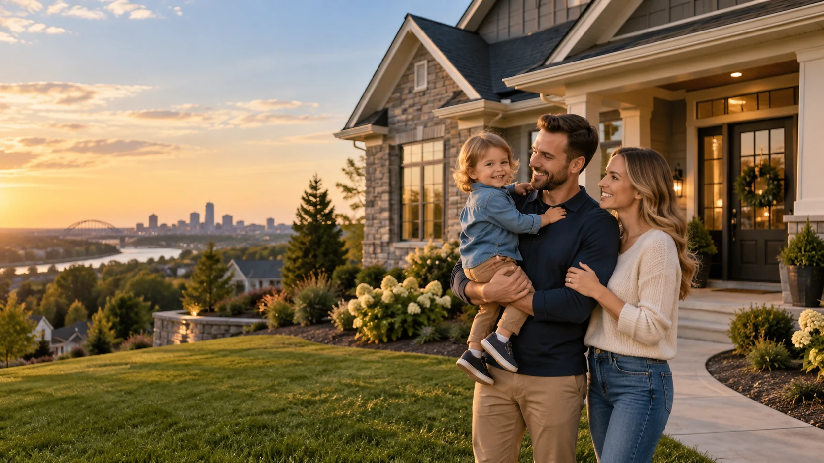 Young family with a toddler in front of their new stone home at sunset above a Missouri river skyline, a 30-year fixed mortgage purchase in Missouri or Kansas