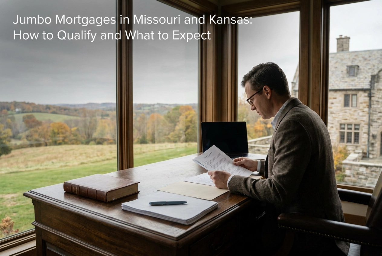Professional header image for educational tutorial: Jumbo Mortgages in Missouri and Kansas: How to Qualify an...