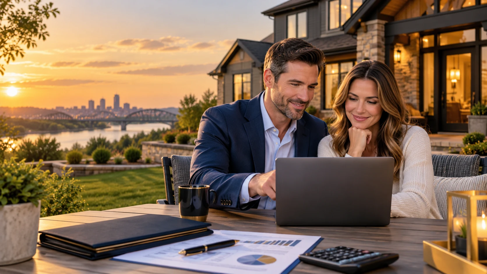 Couple on a patio at sunset reviewing an adjustable-rate versus fixed-rate mortgage comparison on a laptop, with a Missouri river skyline behind them