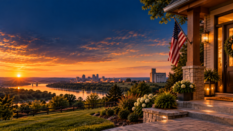 Rental property porch at sunset overlooking a Missouri river town skyline, DSCR loans in Missouri and Kansas from DreamLux Home Loans