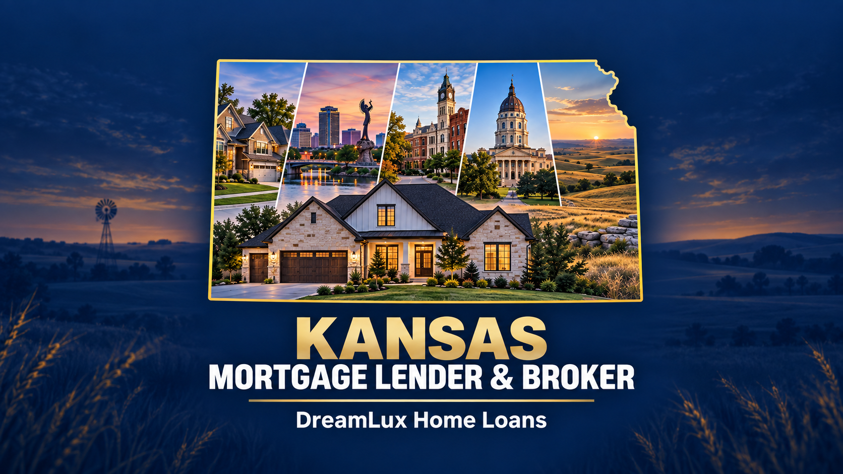 Kansas Mortgage Lender and Broker, DreamLux Home Loans, with a Johnson County home and the Kansas state outline
