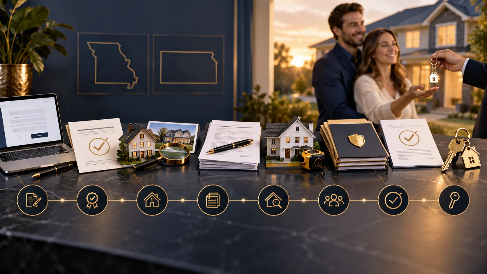 The eight-step mortgage process laid out on a desk: application on a laptop, pre-approval, home search, documents, appraisal, underwriting, approval, and keys handed to a couple in front of their new Missouri home, with the outlines of Missouri and Kansas on the wall