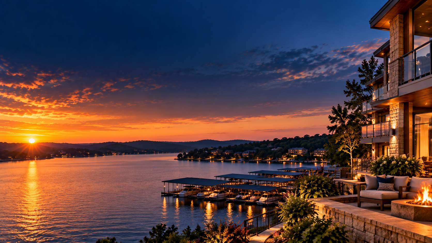 Lake of the Ozarks at sunset with docks and a lakefront home