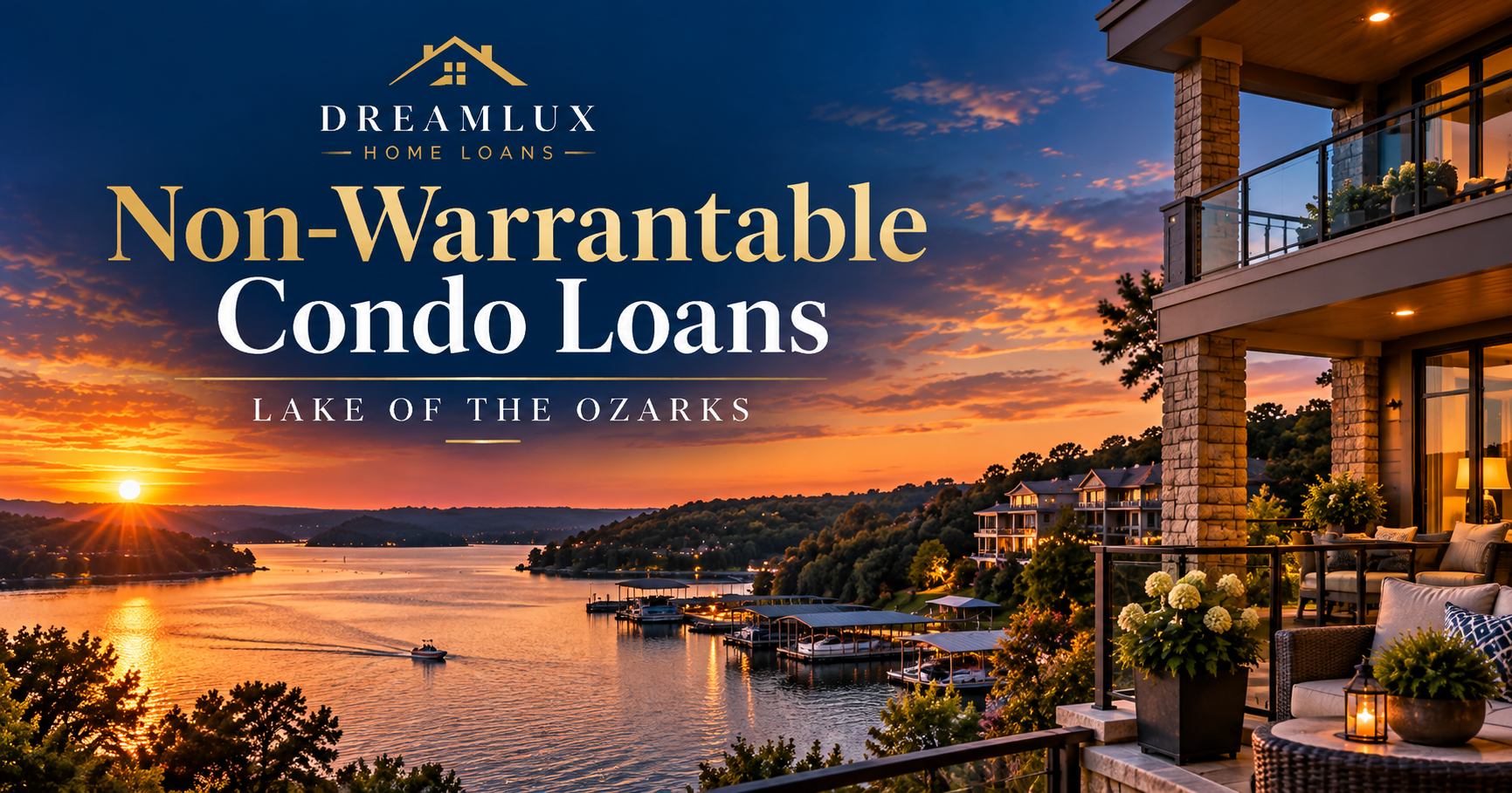 Non-warrantable condo loans at Lake of the Ozarks: lakefront condos and covered boat docks at sunset, DreamLux Home Loans