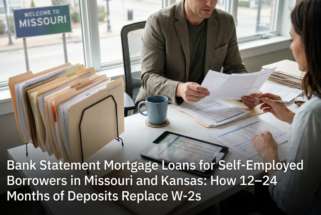 Professional header image for educational tutorial: Bank Statement Mortgage Loans for Self-Employed Borrowers...