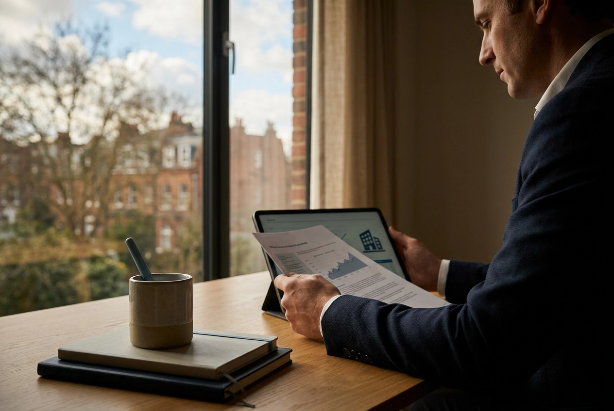Investor reviewing a DSCR rent and cost analysis on a tablet before writing an offer