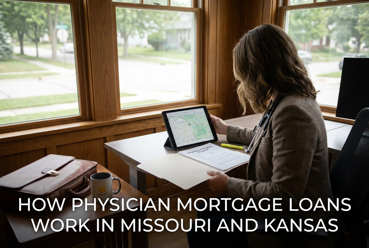 Professional header image for educational tutorial: How Physician Mortgage Loans Work in Missouri and Kansas