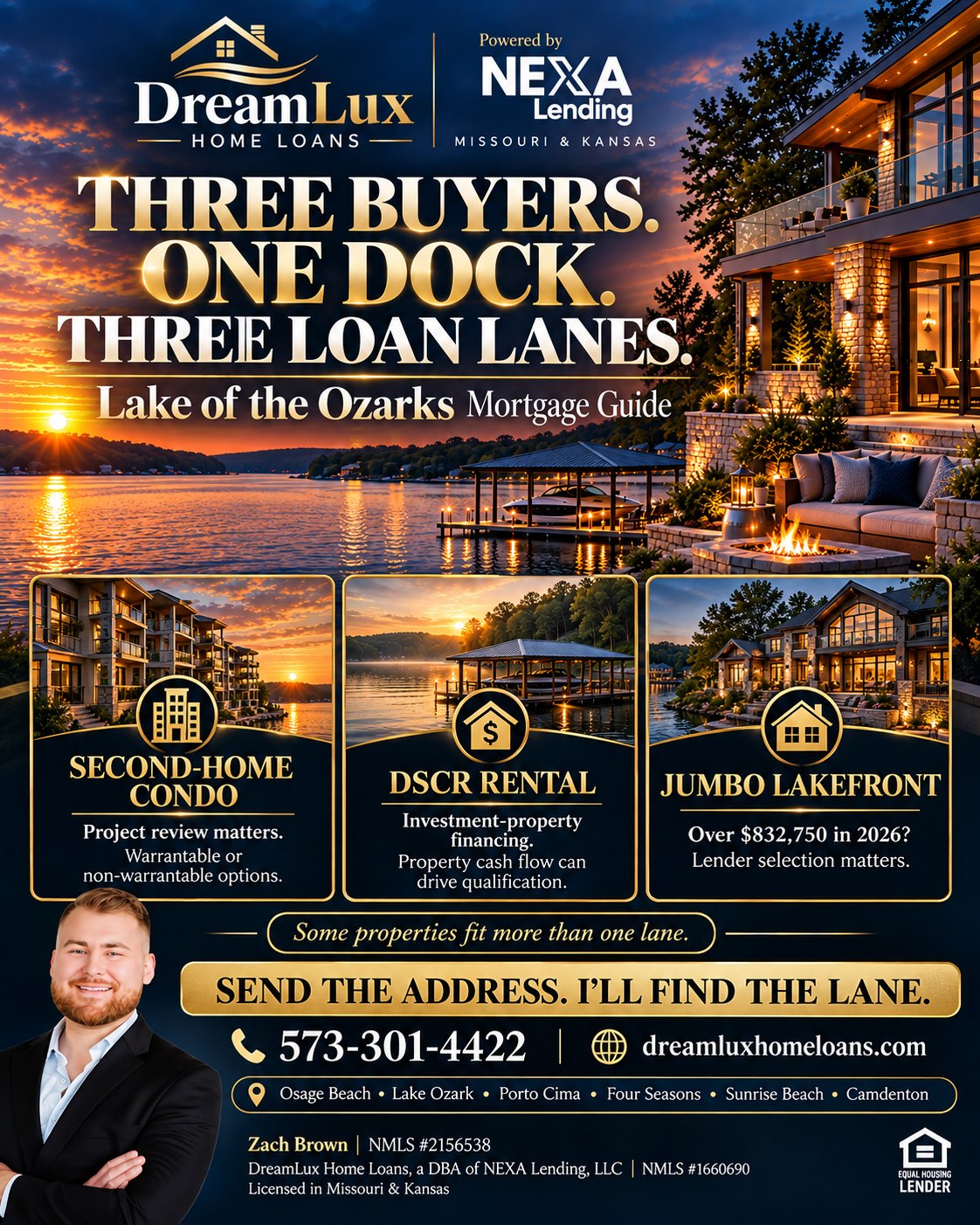 Three Buyers, One Dock, Three Loan Lanes: Lake of the Ozarks mortgage guide, second-home condo, DSCR rental, jumbo lakefront